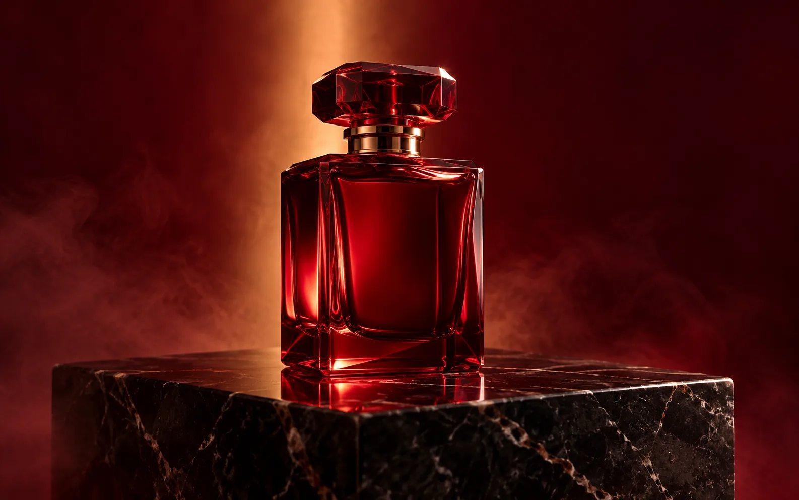 Unbranded ruby-red glass perfume bottle on a black stone plinth with warm dramatic light