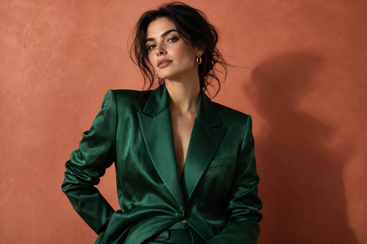 Fashion editorial portrait in an emerald silk blazer against a muted coral backdrop
