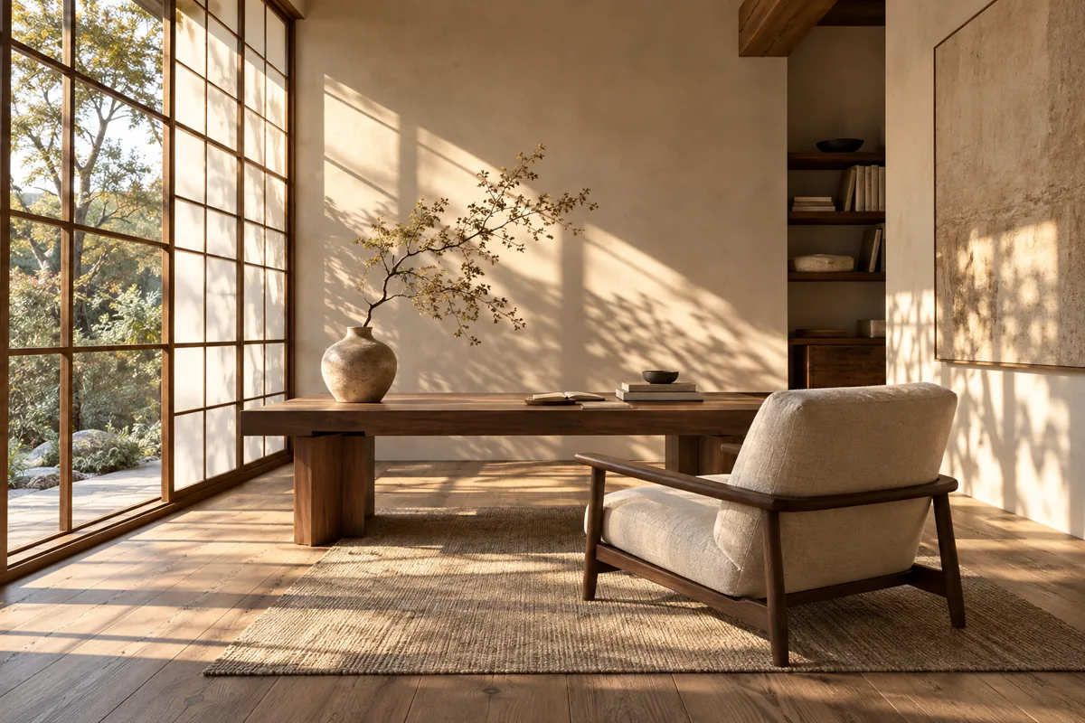 Quiet Japanese-inspired reading room with walnut desk, linen chair, and long afternoon shadows