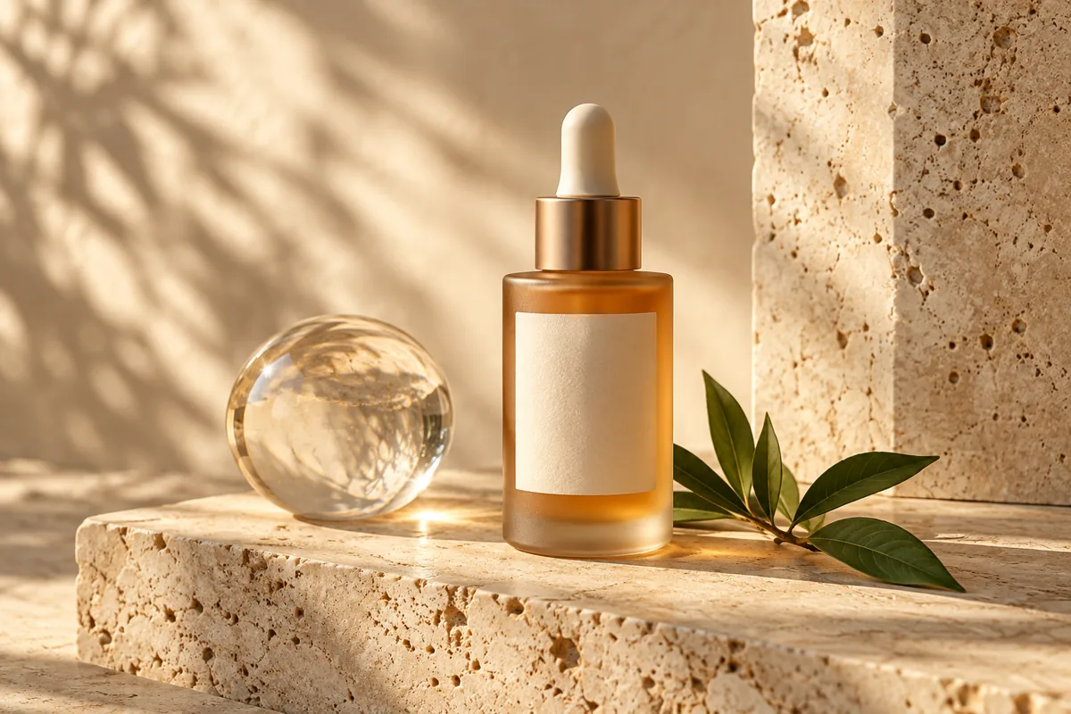 Amber serum bottle on warm travertine with a glass orb and botanical leaves